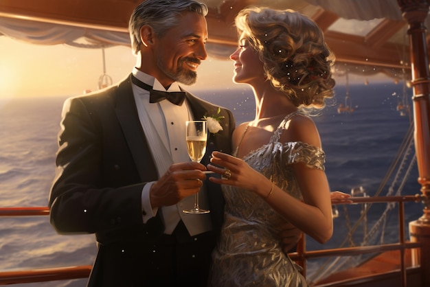 Dojrzała para pije szampana na pokładzie.