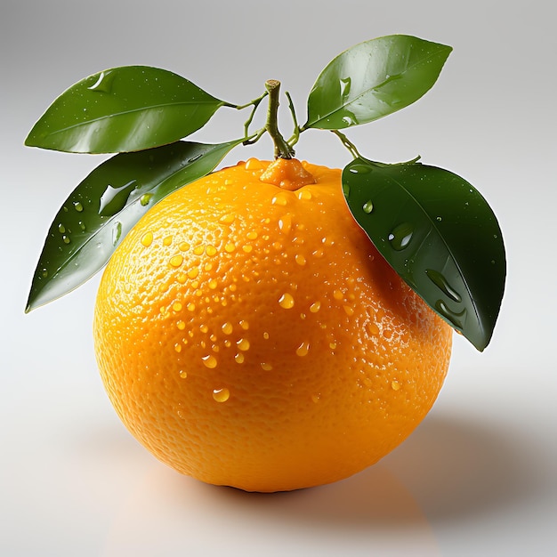 Dojrzała pomarańcza z kroplami wody i liśćmi na białym tle ilustracji 3D