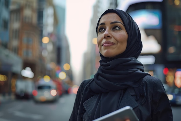 Zdjęcie dojrzała profesjonalna bizneswoman liderka arabska stoi pośród miejskiego zgiełku