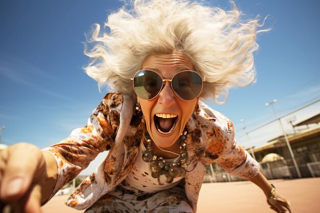 Dojrzała starsza kobieta emerytka uśmiechająca się szczęśliwie robiąca sport styl życia dla zdrowia