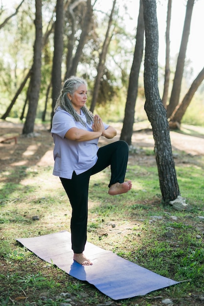 Dojrzała, Starsza, Siwowłosa Kobieta Z Dredami Trenująca W Parku, Uprawiająca Jogę Lub Fitness, Dobre Samopoczucie I Zdrowie