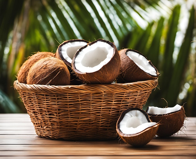 Dojrzałe, apetyczne kokosy w przepełnionym koszu