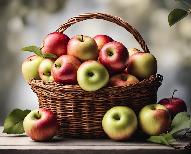 Dojrzałe, apetyczne owoce jabłka w przepełnionym koszu