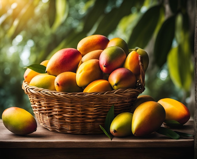 Dojrzałe, apetyczne owoce mango w przepełnionym koszu