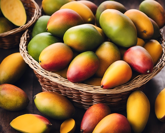 Zdjęcie dojrzałe, apetyczne owoce mango w przepełnionym koszu