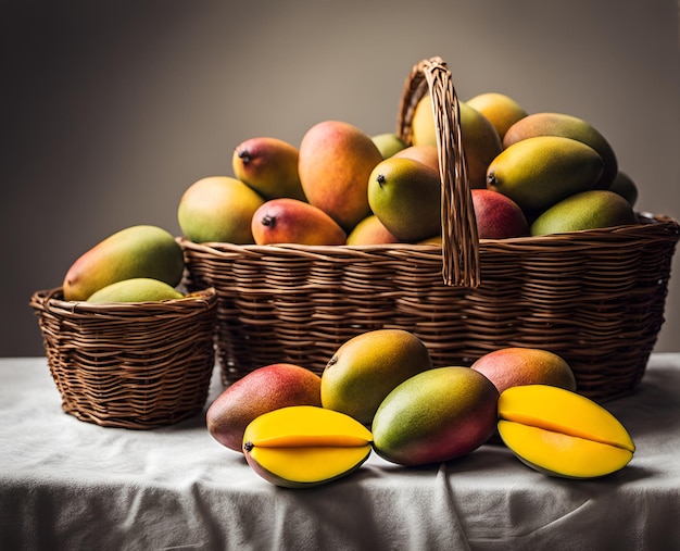 Dojrzałe, apetyczne owoce mango w przepełnionym koszyku