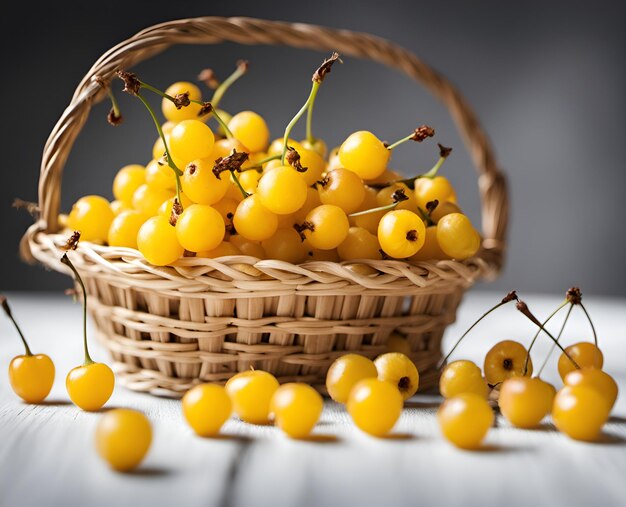 Dojrzałe, apetyczne żółte jagody wiśni w przepełnionym koszyku