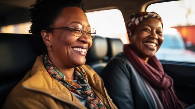 Dojrzałe czarne dwie kobiety uśmiechają się w taksówce