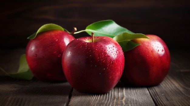 Dojrzałe czerwone jabłka na drewnianym tle AI generatywne