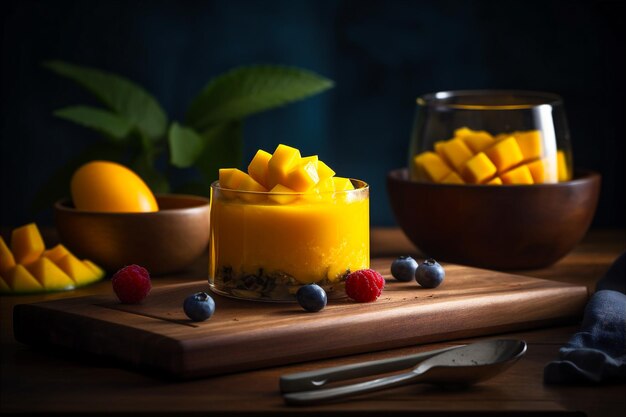 Dojrzałe i soczyste owoce mango na talerzu Zdrowe środowisko żywieniowe generowane przez AI