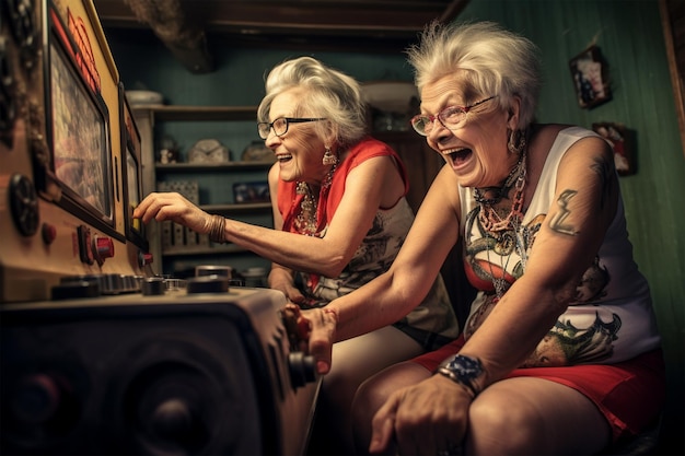 Dojrzałe kobiety szczęśliwie grają w gry wideo w zabytkowym mieszkaniu