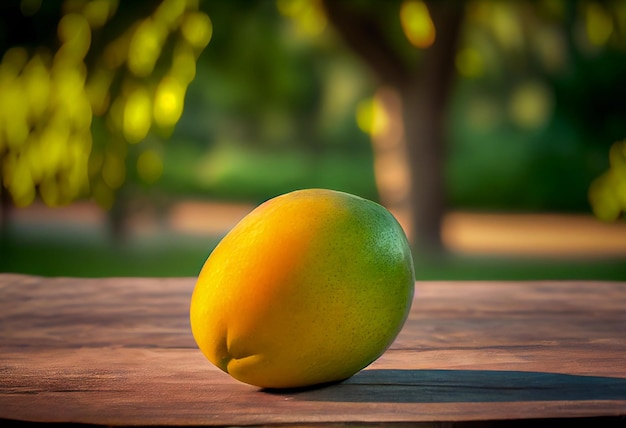 Dojrzałe mango na drewnianym stole na tle zielonego ogrodu