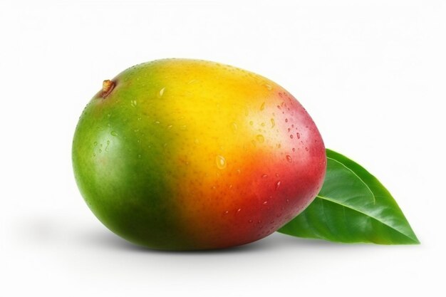 Dojrzałe mango z zielonymi liśćmi i kroplami wody na białym tła zbliżeniu