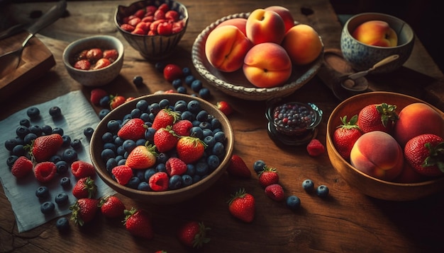 Dojrzałe owoce jagodowe na rustykalnym drewnianym stole wygenerowanym przez sztuczną inteligencję