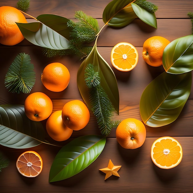Dojrzałe pomarańczowe świeże mandarynki z zielonymi liśćmi i choinką i gwiazdą na rustykalnym b