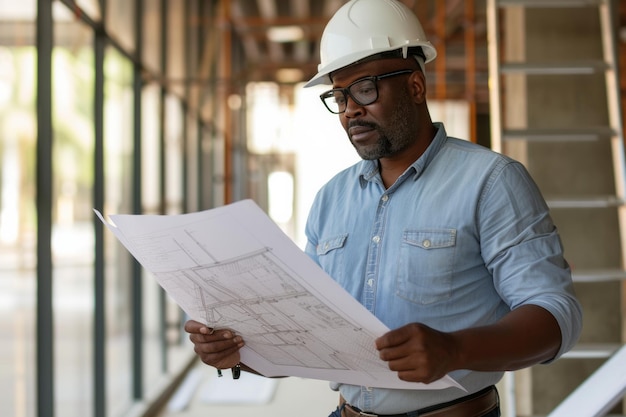 Dojrzały afroamerykański architekt w kapeluszu sprawdzający nowy budynek patrząc na plan budowy