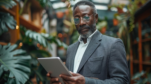 Zdjęcie dojrzały afroamerykański biznesmen używa cyfrowego tabletu w nowoczesnej sali biznesowej