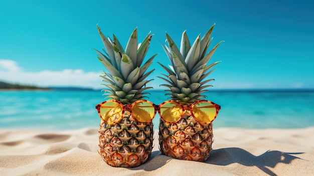 Dojrzały ananas w okularach na plażowym piasku