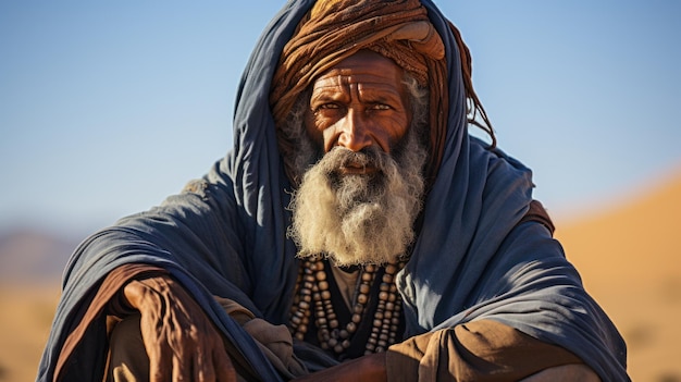 Zdjęcie dojrzały berber w tradycyjnych ubraniach siedzący na piasku