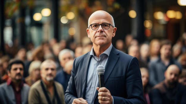 Dojrzały biznesmen z mikrofonem przed dużą grupą ludzi na konferencji