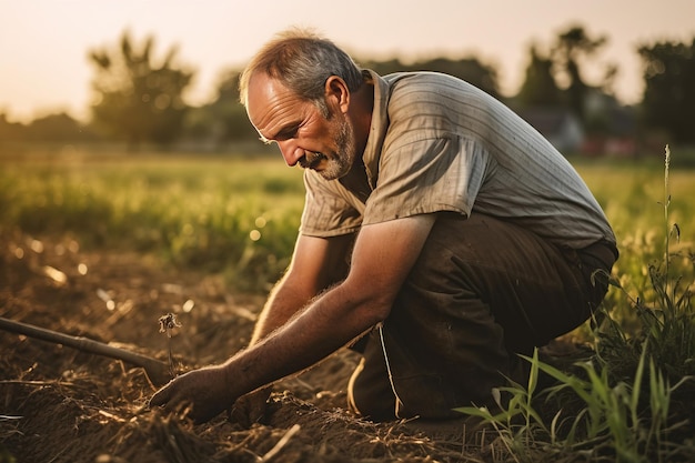Dojrzały mężczyzna pracujący na polu jako rolnik Generative AI