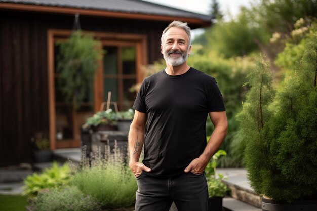 Zdjęcie dojrzały mężczyzna z brodą na podwórku swojego domu w zwykłej czarnej koszulce.