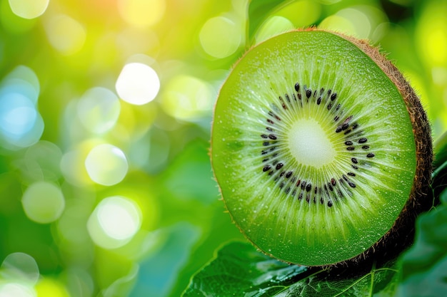 Dojrzały owoc kiwi delikatnie spoczywa na bujne zielone liście, pokazując swoje żywe kolory i wyjątkową teksturę na tle bujnego lasu