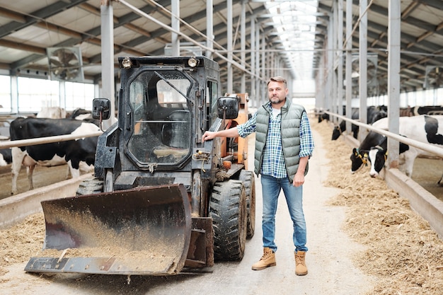 Zdjęcie dojrzały, pewny siebie pracownik nowoczesnego gospodarstwa rolnego stojący przy traktorze lub innym sprzęcie roboczym na długim przejściu między dwoma rzędami krów mlecznych
