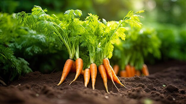 Dojrzały zbior pomarańczowych marchewek w ogrodzie z promieniem słońca jest jesiennym zbiorem naturalnego produktu przyjaznego dla środowiska z ogrodu generowanego przez sztuczną inteligencję