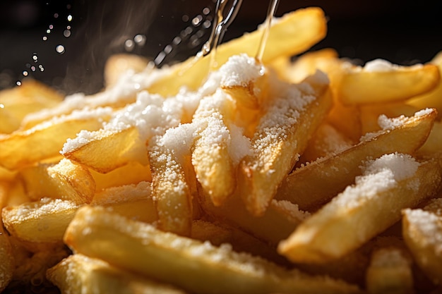 Dokładny widok na przyprawianie francuskich chipsów solą