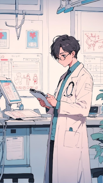 Doktor anime en hospital revisando graficas medicas (Doktor w szpitalu przeglądający grafiki medyczne)