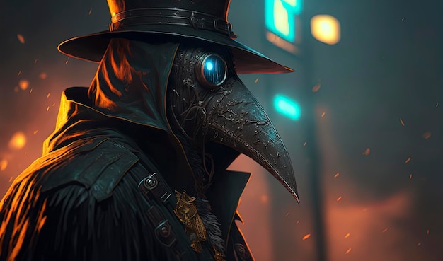 Doktor Plage w kapeluszu i długim płaszczu cyberpunk sztuka dystopijna sztuka apokalipsa steampunk