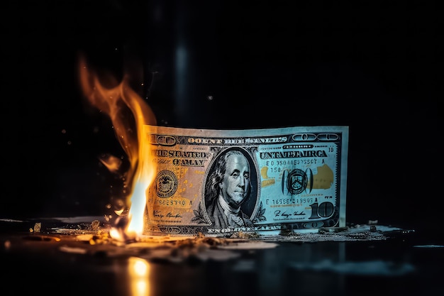 Dolar inflacyjny w pożarowej hiperinflacji z czarnym tłem AI