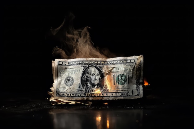 Dolar inflacyjny w pożarowej hiperinflacji z czarnym tłem AI