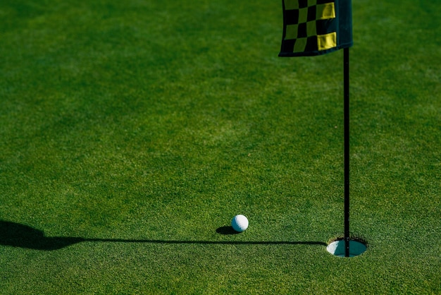 Dołek golfowy Piłka golfowa na wardze kubka na tle trawy