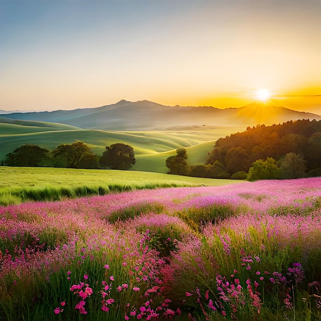 Dolina z zielenią z kwiatami i zachodem słońca