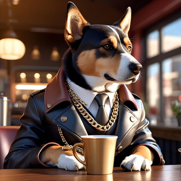 Dolmate Dog to antropomorficzny pies, który często jest widoczny z bliska siedzący w kawiarni z filiżanką kawy