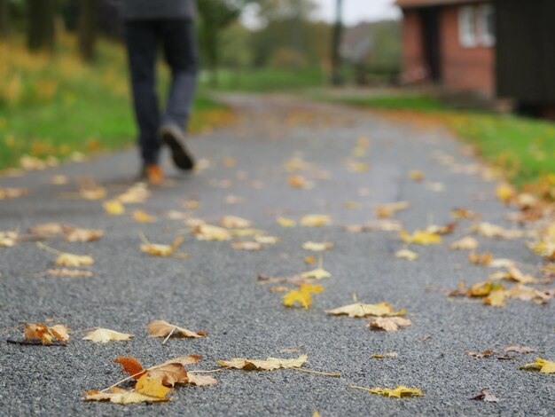 Zdjęcie dolna część człowieka idącego po drodze jesienią