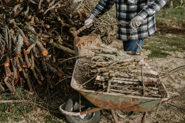 Zdjęcie dolna część człowieka przygotowującego drewno opałowe