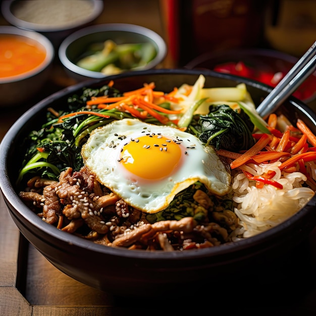 Dolsot Bibimbap Delight Sizzling Stone Bowl Bliss Kolorowa harmonia Uchwycenie artyzmu F