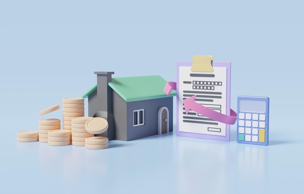Dom 3D, stosy monet, kalkulator i formularz refinansowania z zakrzywioną strzałką wokół, refinansowanie kredytu hipotecznego.