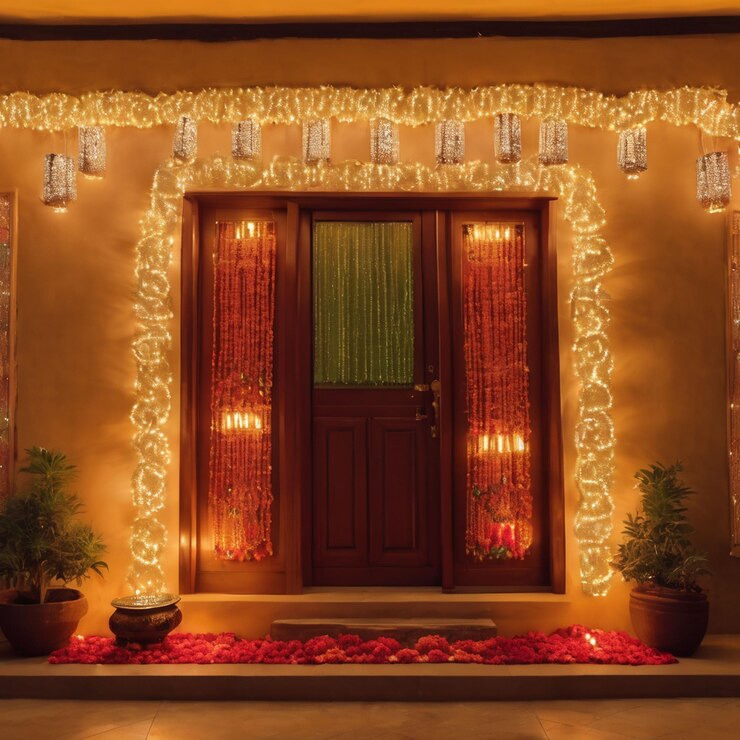 Dom Dewali ozdobiony pięknymi światłami i diya