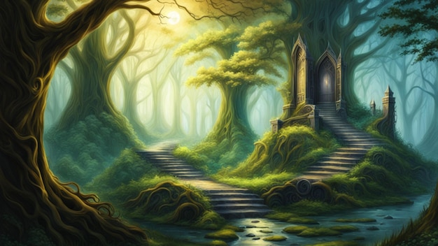 Zdjęcie dom elfów na drzewie w mglistym lesie fantazji