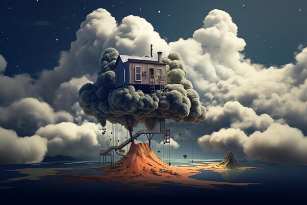 Dom fantazji pływający na drzewie na nocnym niebie z gwiazdami i puszystymi chmurami