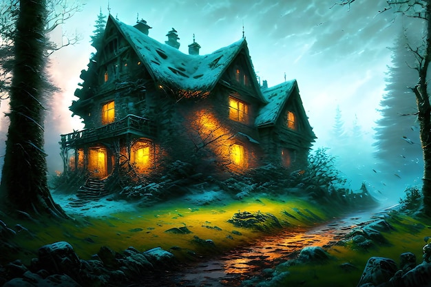 Dom fantazji w zimowym lesie stara kamienna chata