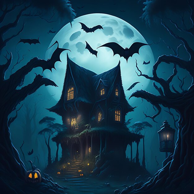Dom Halloweena w głębokiej dżungli, księżycowa noc, latający nietoperz na niebie, pokazujący ducha przed domem.