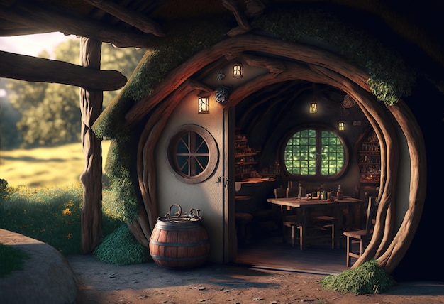 Dom hobbitowej dziury Fantasy Village Shire domy z okrągłymi drzwiami i oknami Bajeczny krajobraz Władcy Pierścieni o zachodzie słońca ilustracja 3d