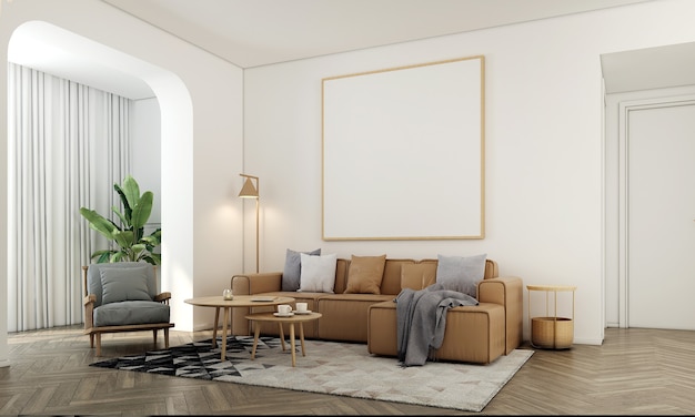 Dom i dekoracja makieta mebli i aranżacji wnętrz salonu i puste płótno ramki na białej ścianie tekstury tła renderowania 3d