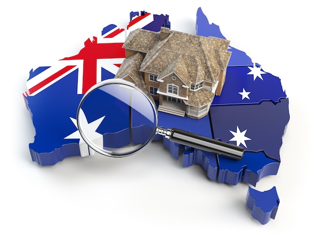 Dom i lupa na mapie Australii w kolorach australijskiej flagi Szukaj koncepcji zakupu lub wynajmu domu Działalność deweloperska w Australii 3