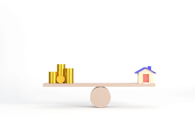 Zdjęcie dom i pieniądze stos monet na wadze drewnianej inwestycje w nieruchomości i kredyt hipoteczny na dom